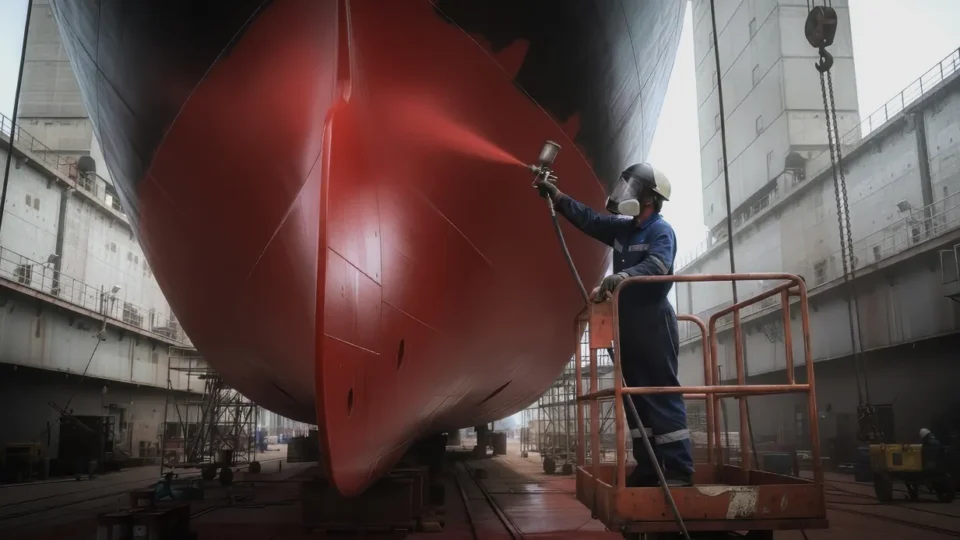 Ouvrier en construction navale travaillant sur la coque d'un navire au chantier maritime de Gaspé.
